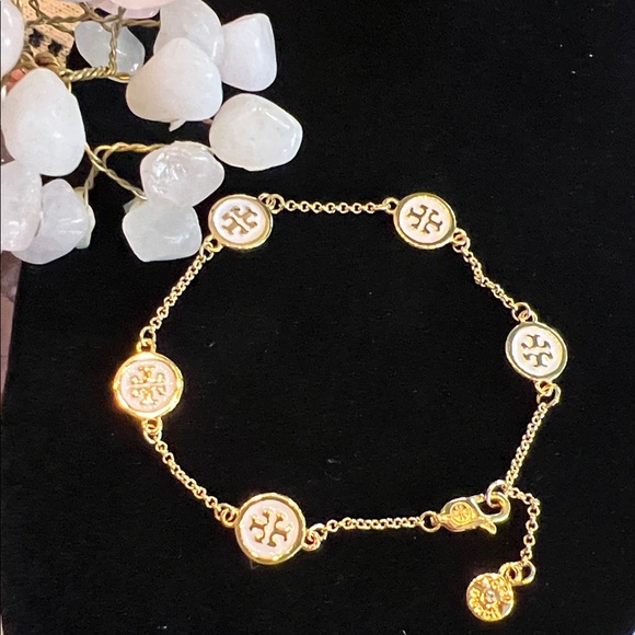 Tory Burch Jewelry - Tory Burch Gold Chain Bracelet with White Logo Medallions